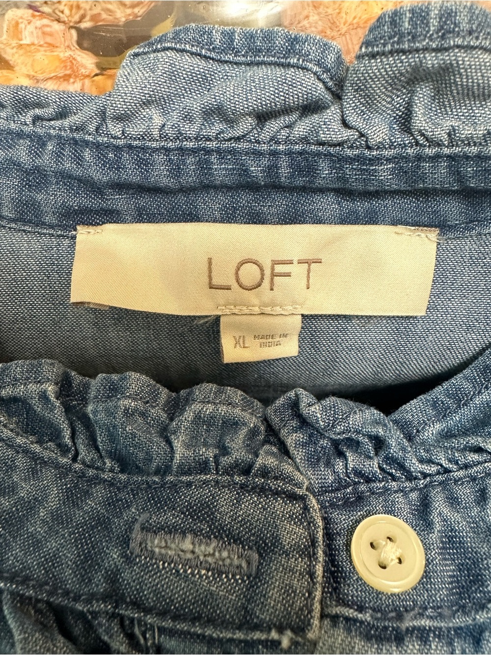 LOFT Dark Blue Ruffled Denim Button-Down Shirt - Picture 3 of 4